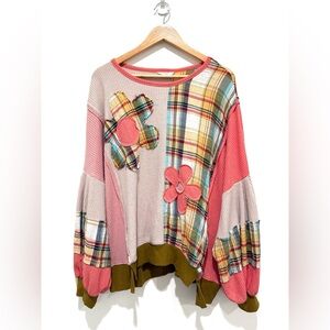 Easel Multicolor Daisy Waffle Plaid Knit Patchwork Oversized Sweatshirt Size 1X